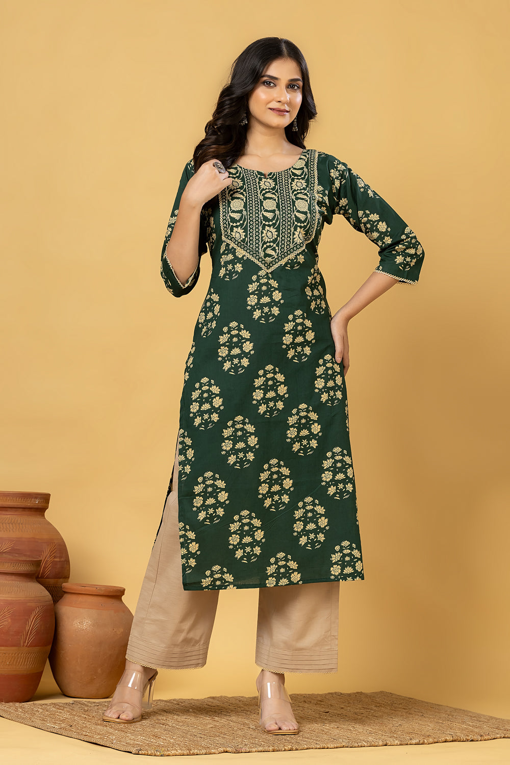 Dark Green Floral Print Kurta