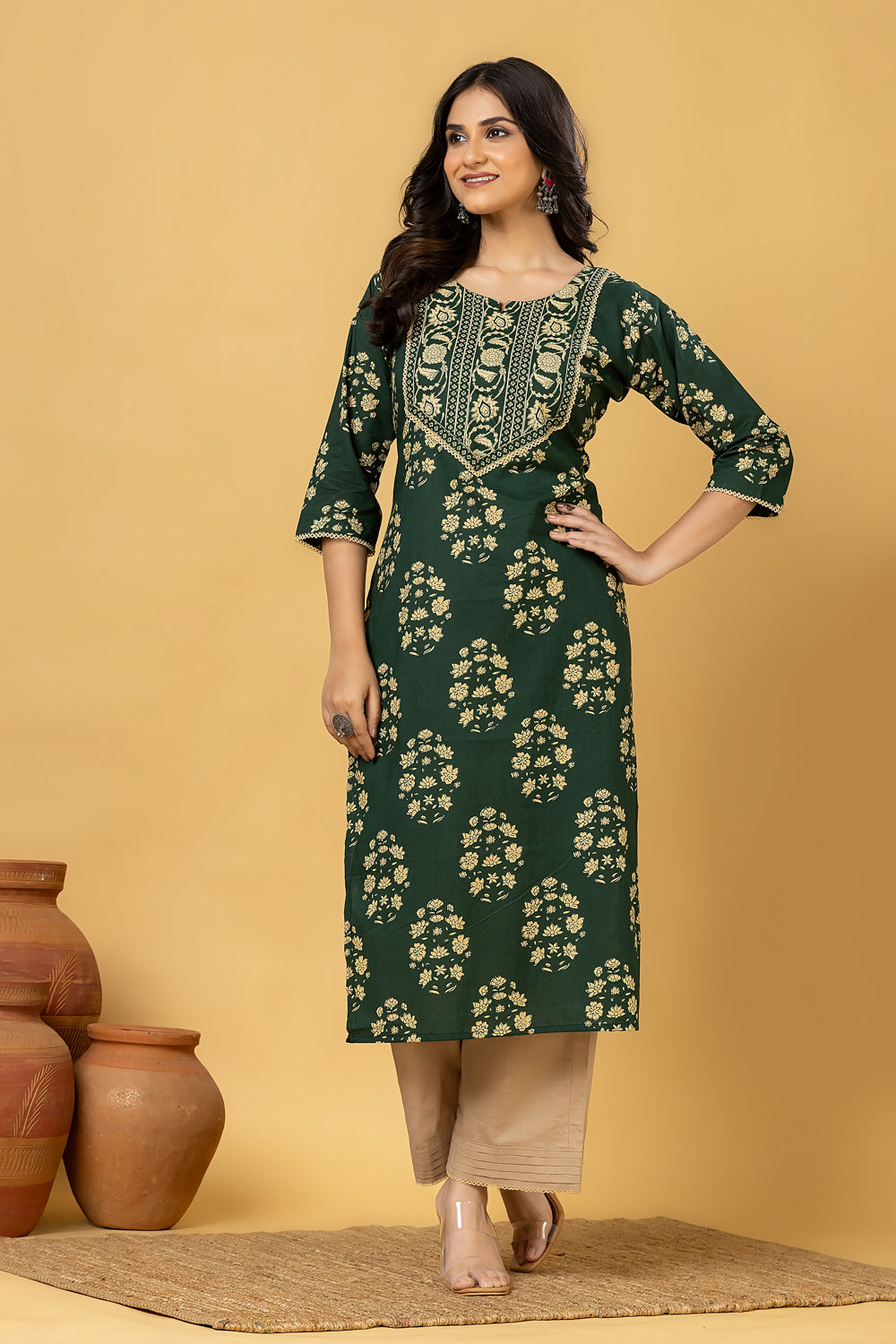 Dark Green Floral Print Kurta