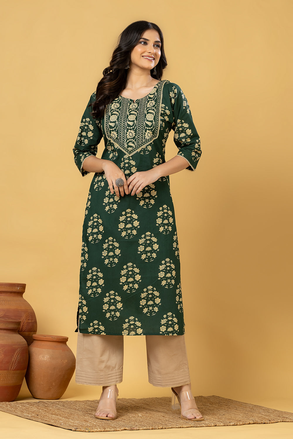 Dark Green Floral Print Kurta