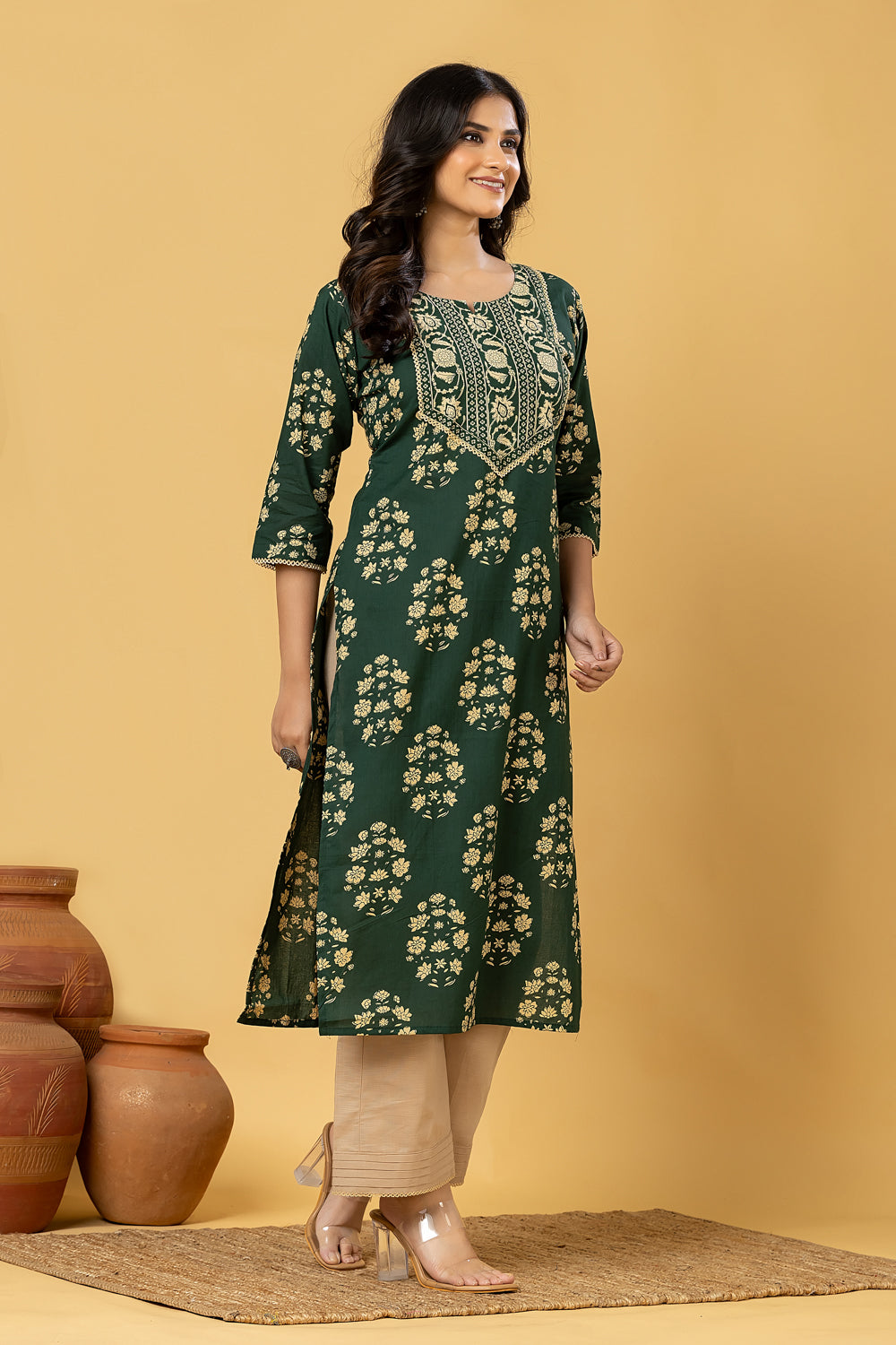 Dark Green Floral Print Kurta