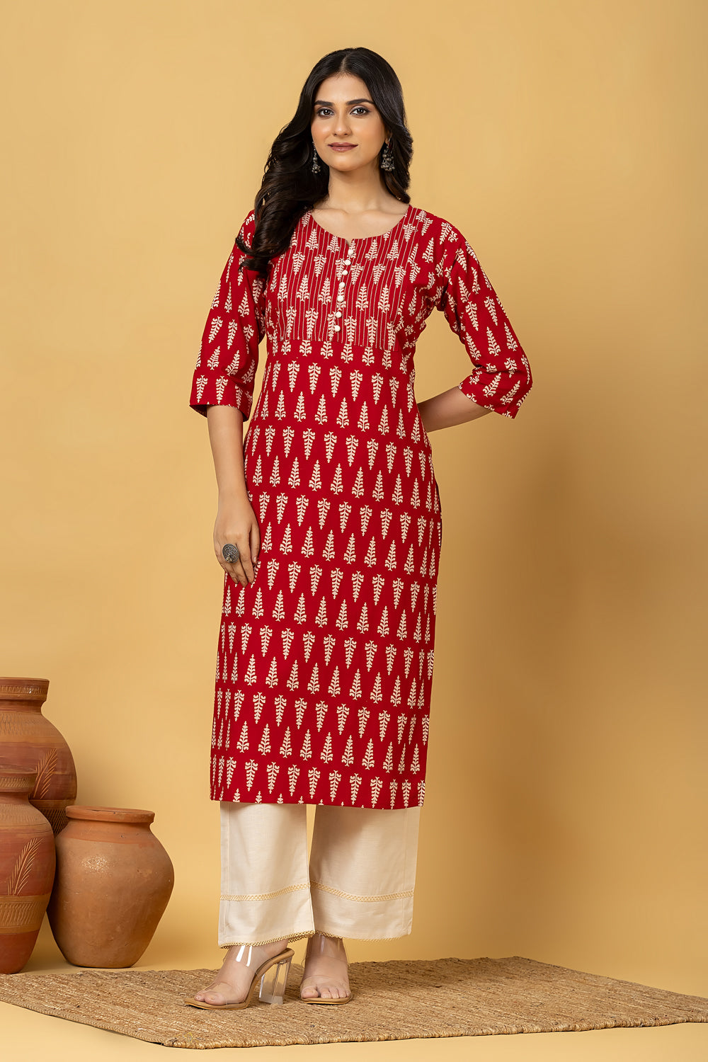 Maroon Leaf Print Kurta