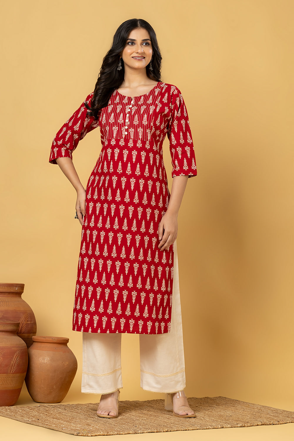 Maroon Leaf Print Kurta