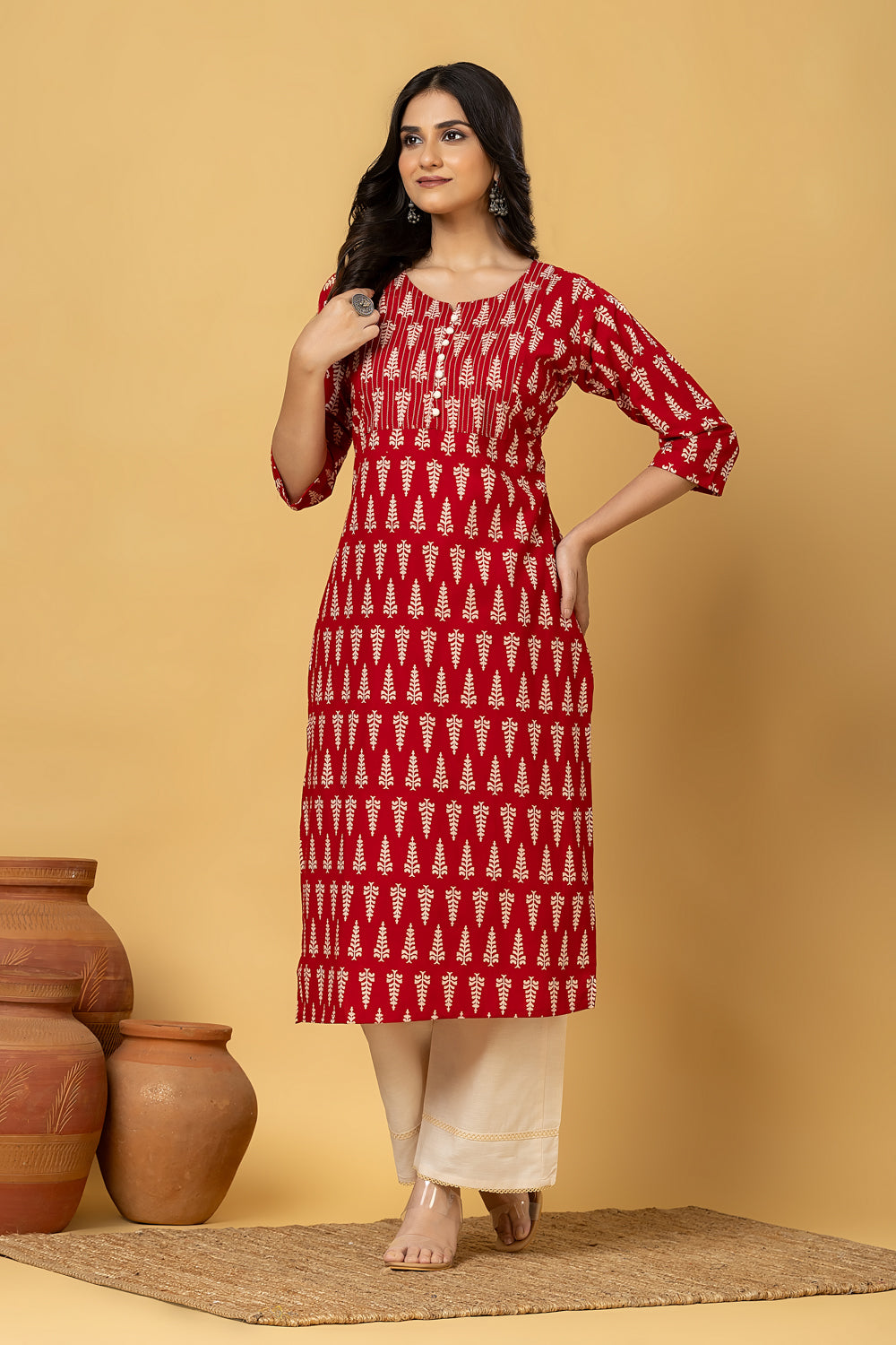 Maroon Leaf Print Kurta