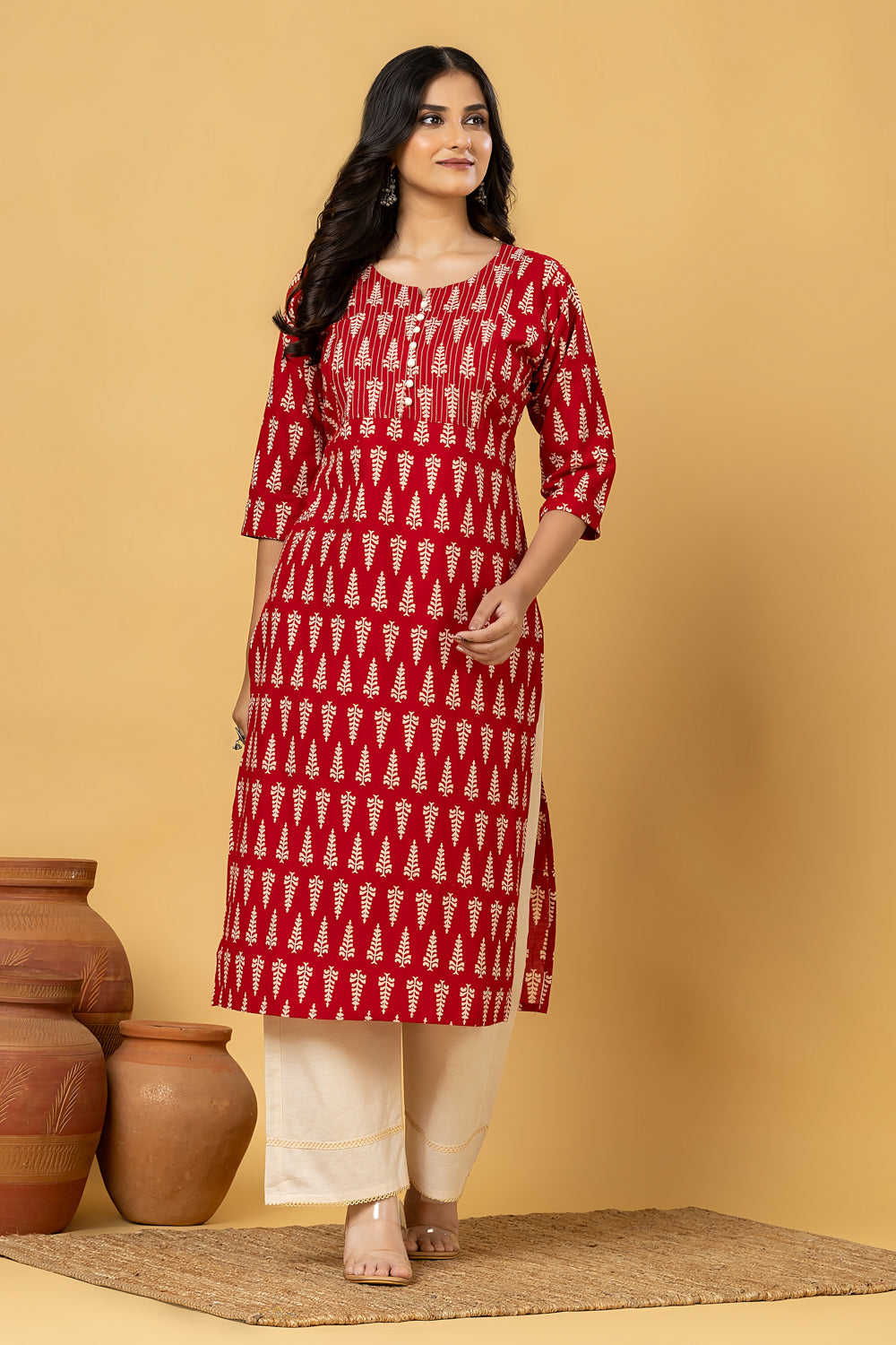Maroon Leaf Print Kurta