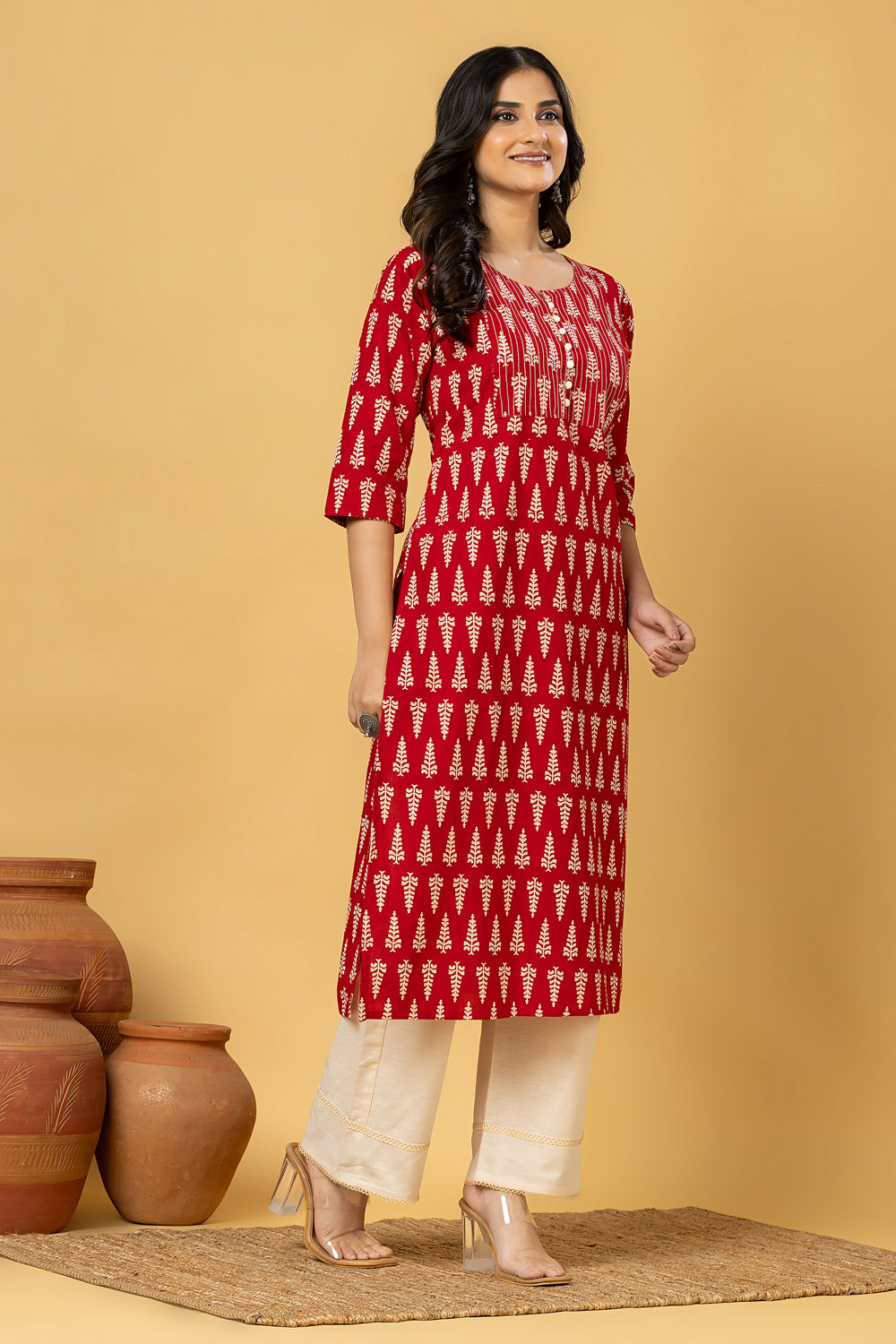 Maroon Leaf Print Kurta