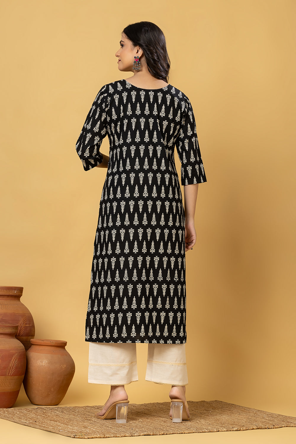 Black Leaf Print Kurta