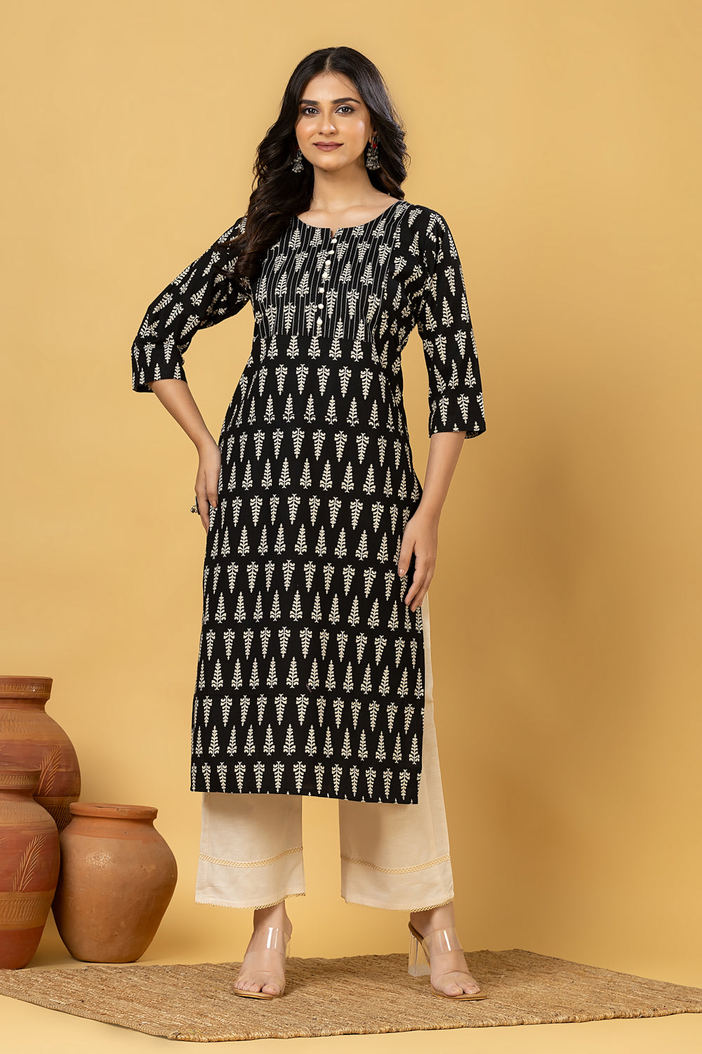 Black Leaf Print Kurta