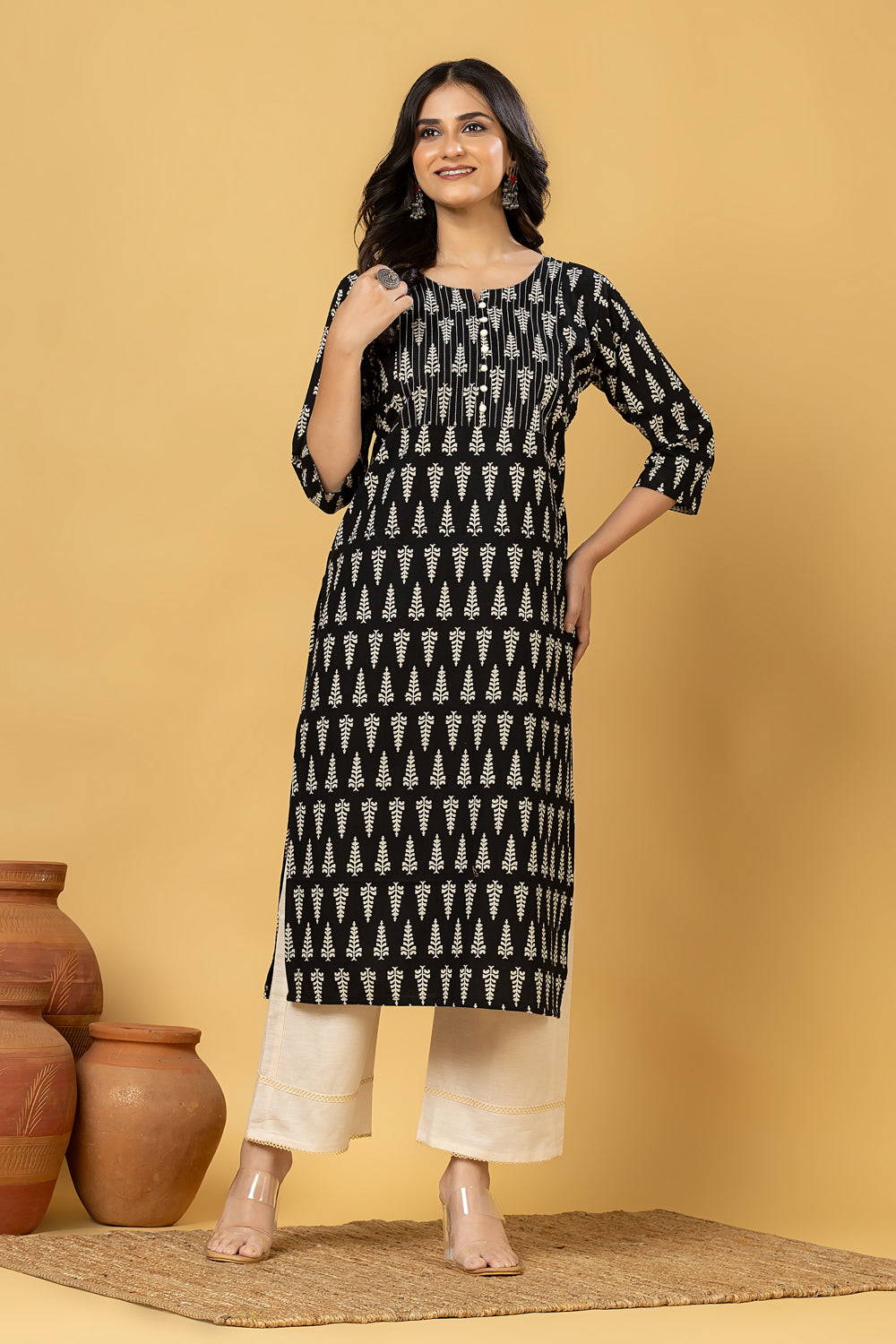 Black Leaf Print Kurta