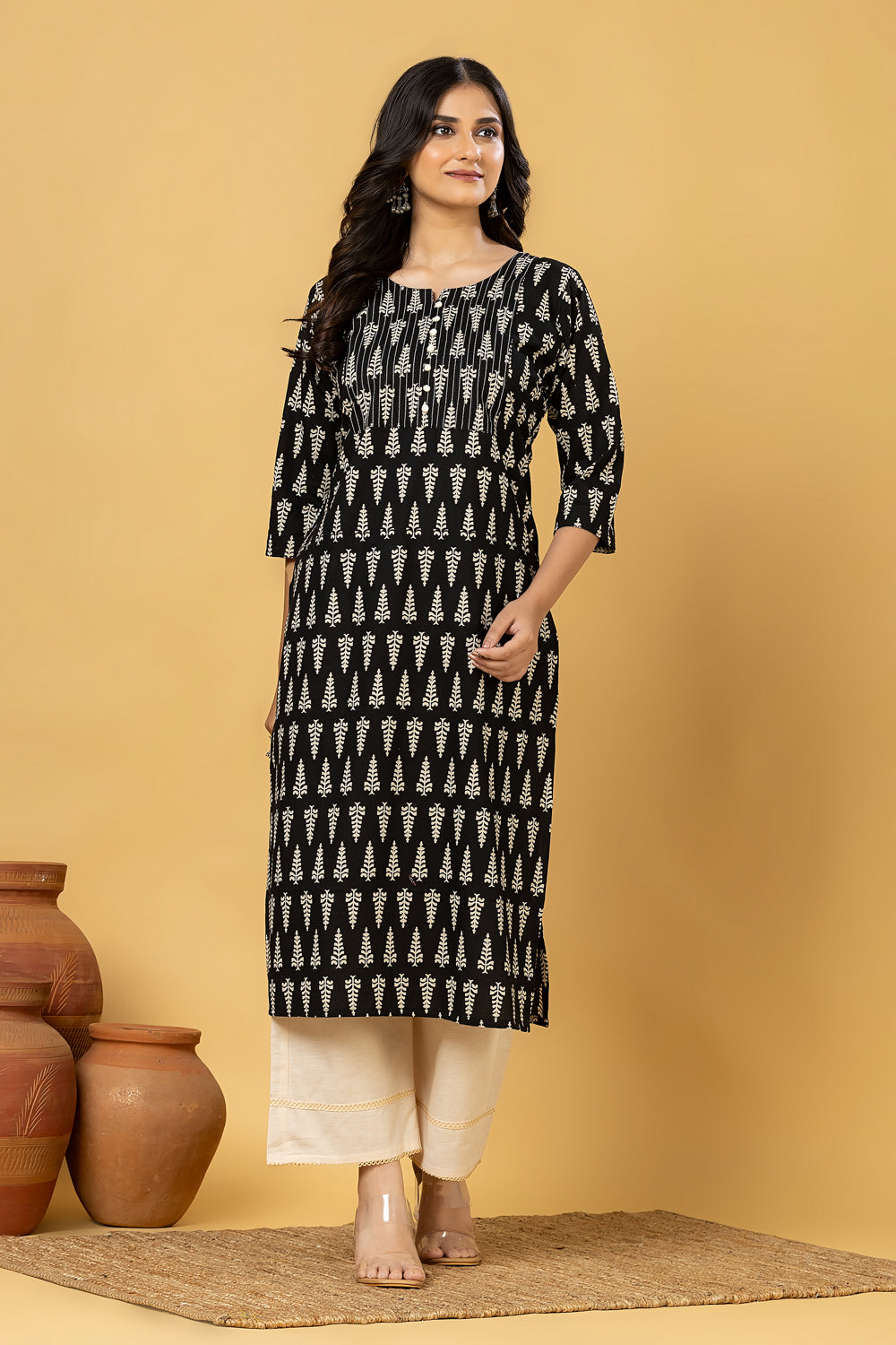 Black Leaf Print Kurta