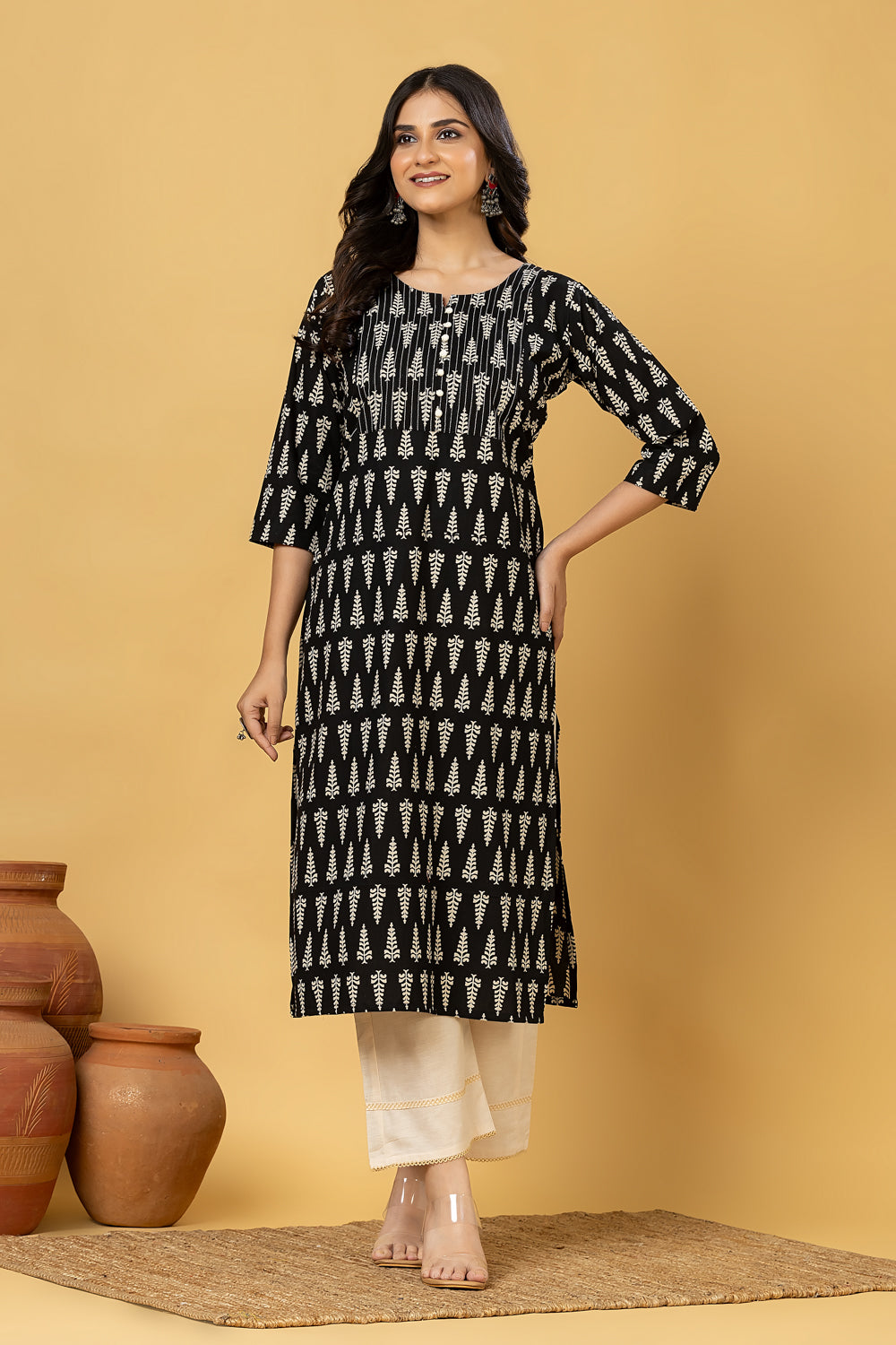 Black Leaf Print Kurta