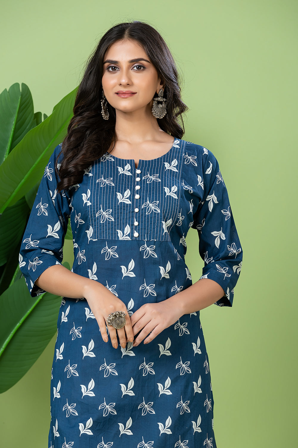 French Blue Leaf Print Kurta