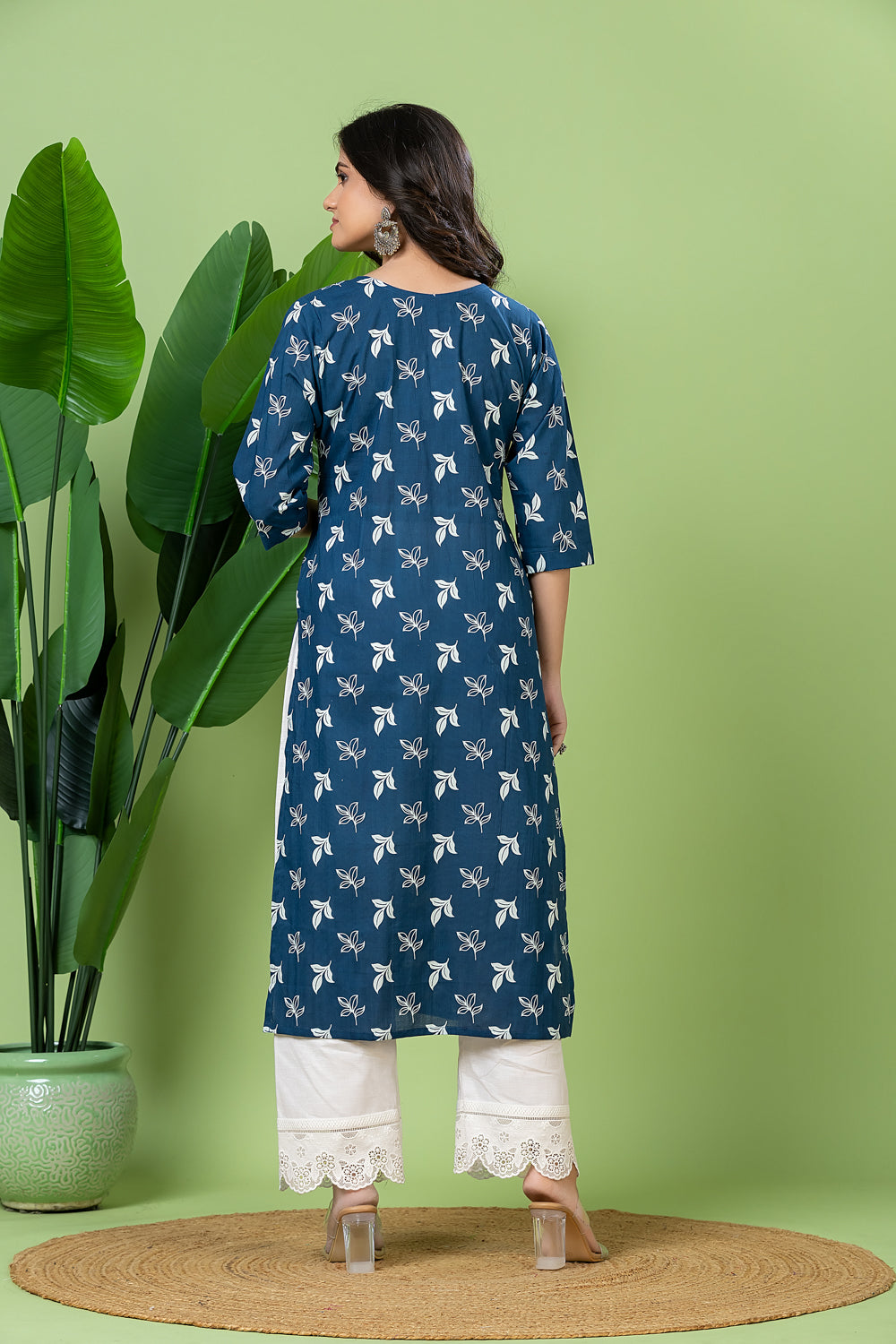 French Blue Leaf Print Kurta