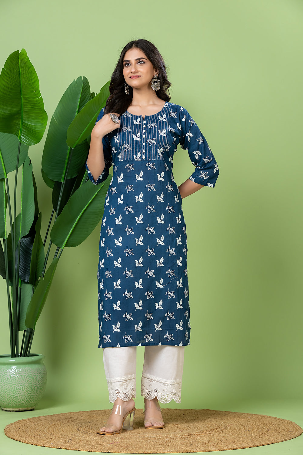 French Blue Leaf Print Kurta