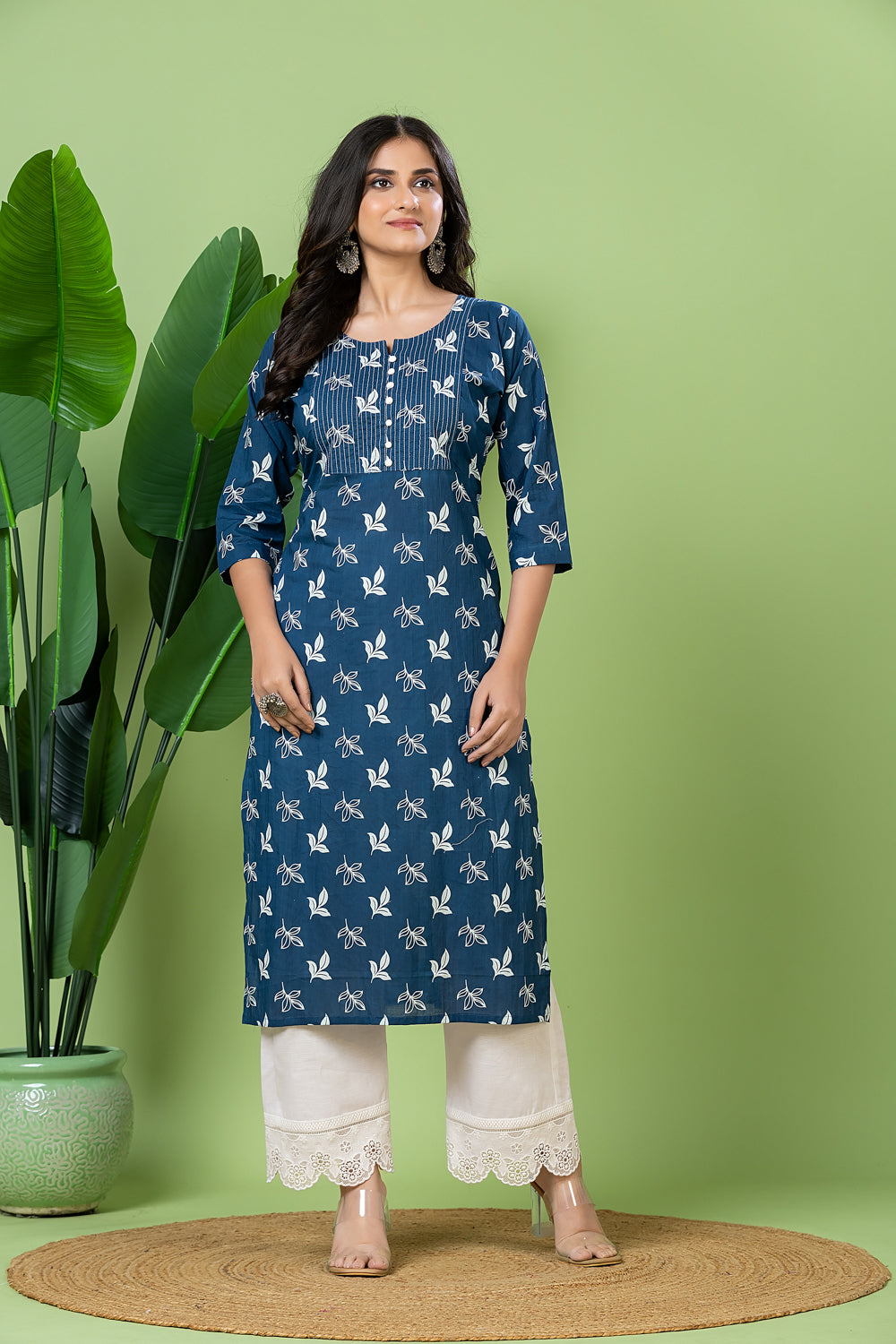 French Blue Leaf Print Kurta