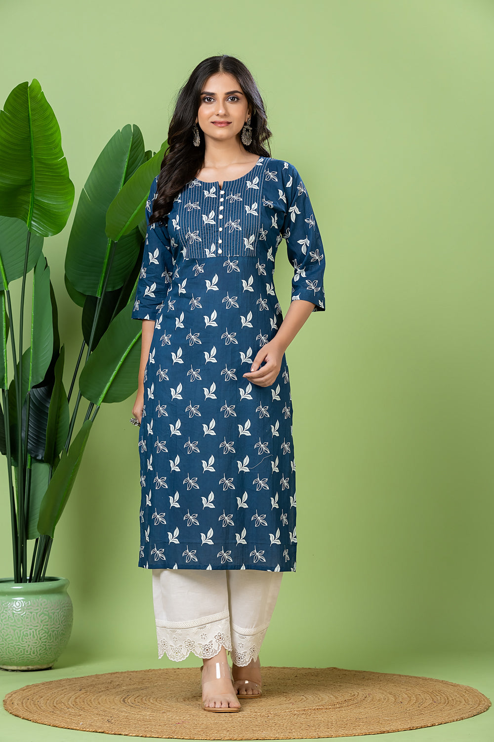 French Blue Leaf Print Kurta