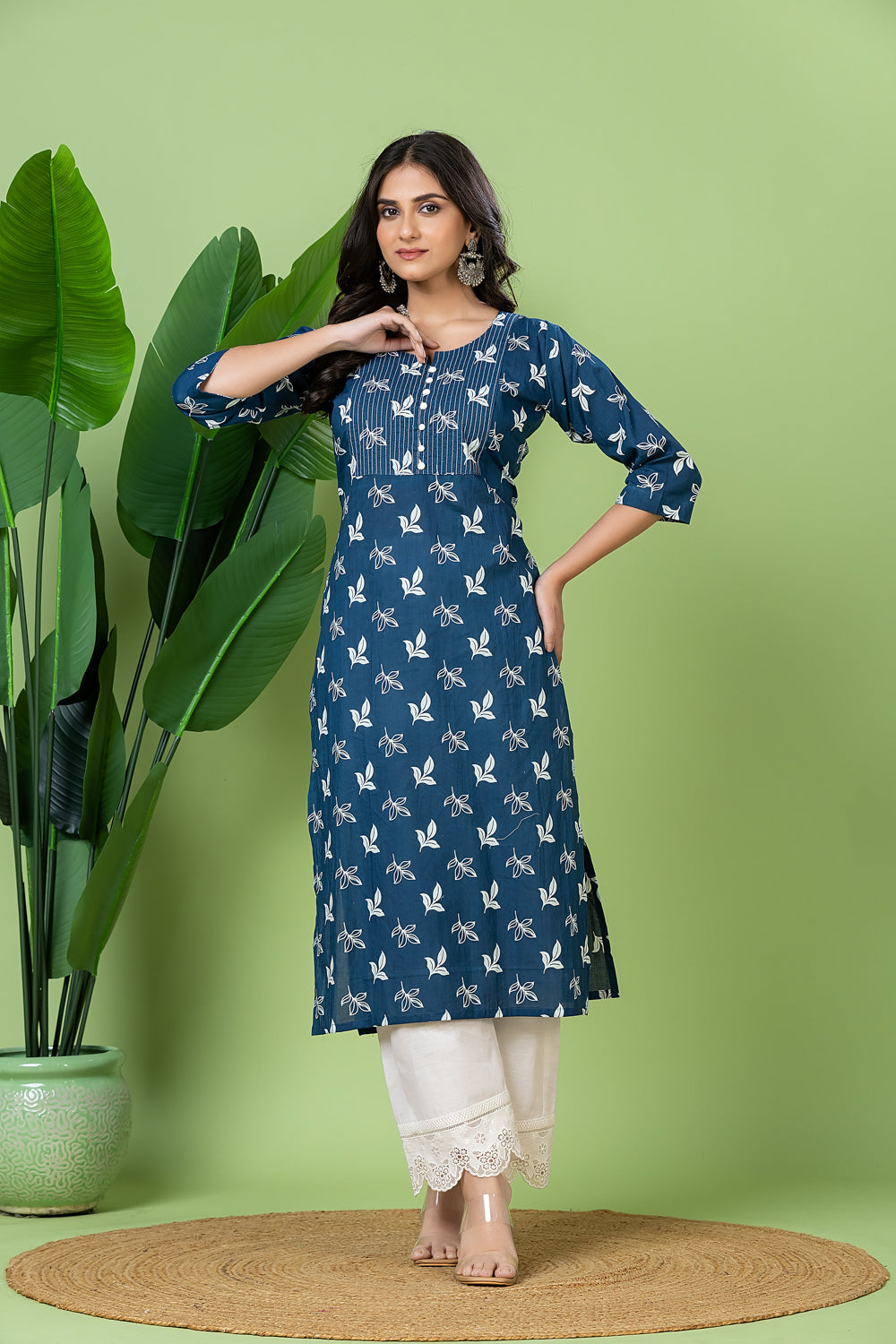 French Blue Leaf Print Kurta