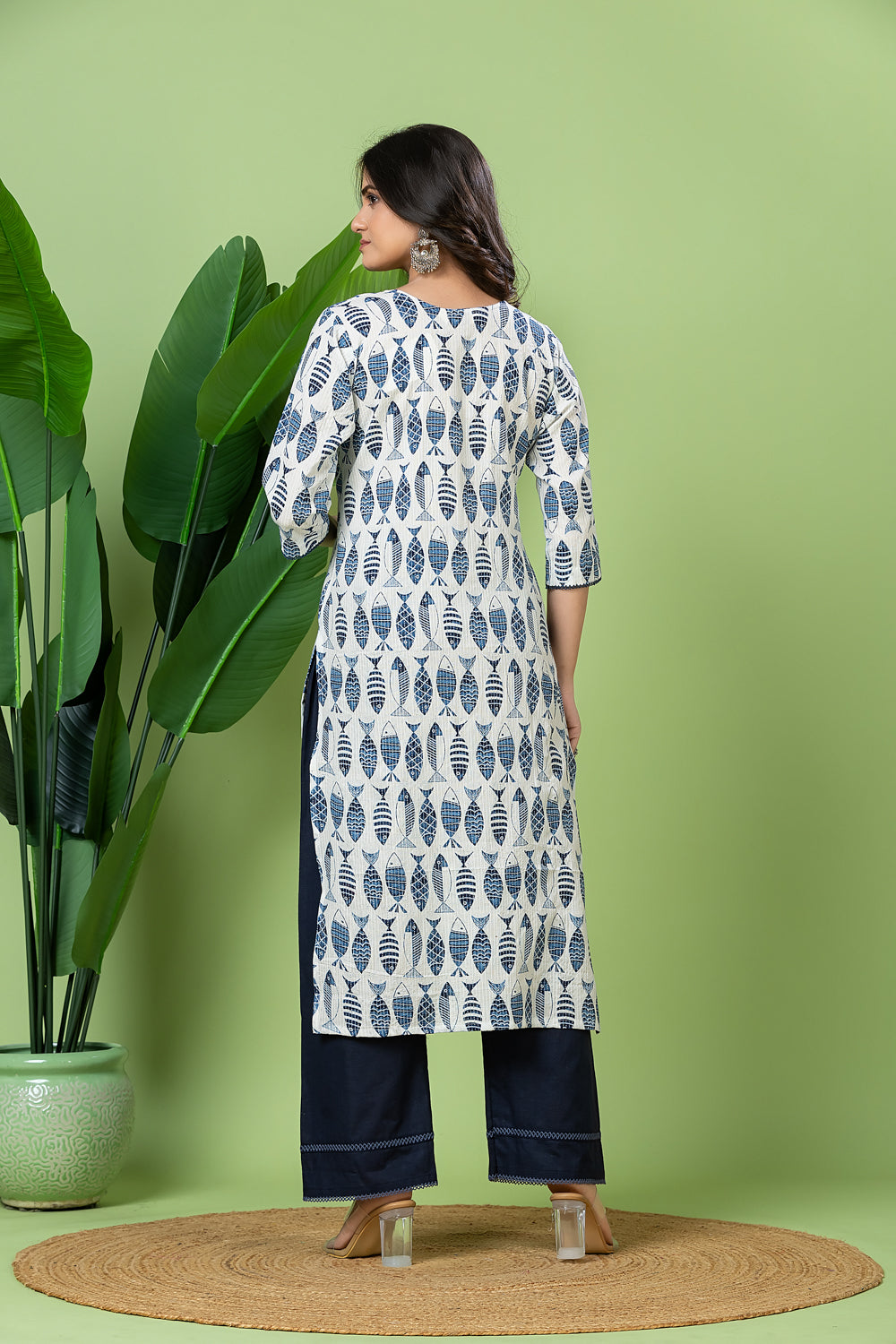 White & Blue Fish Print Threadwork Kurta