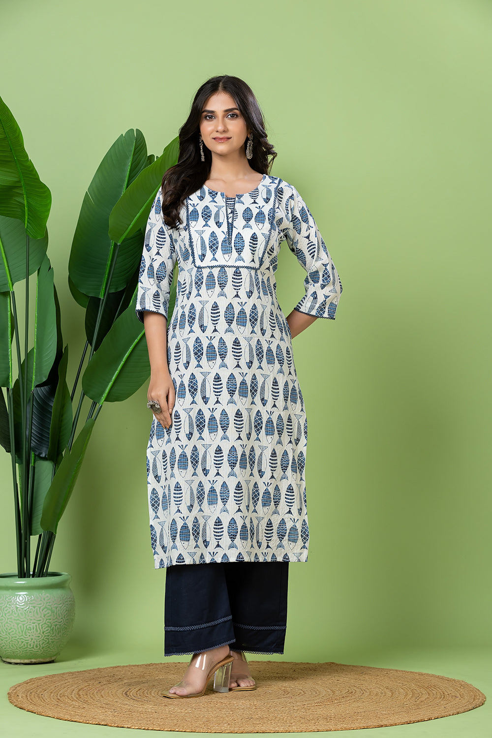 White & Blue Fish Print Threadwork Kurta