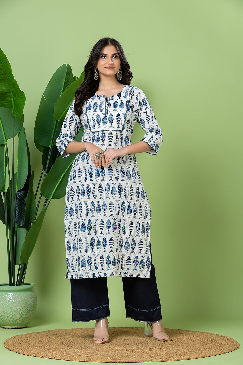 White & Blue Fish Print Threadwork Kurta