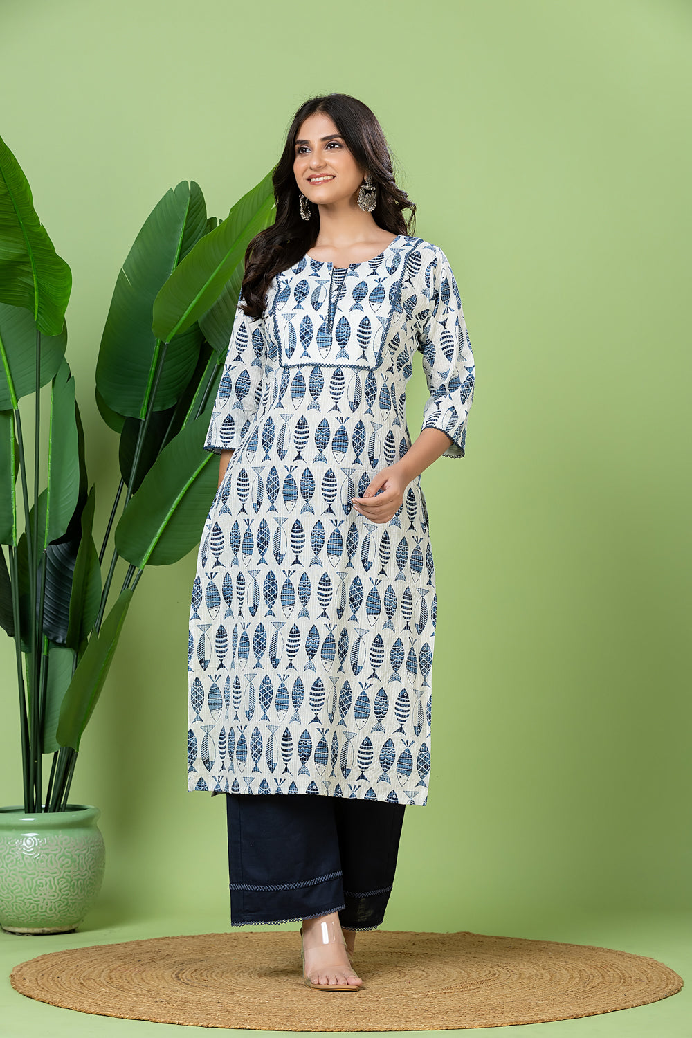 White & Blue Fish Print Threadwork Kurta