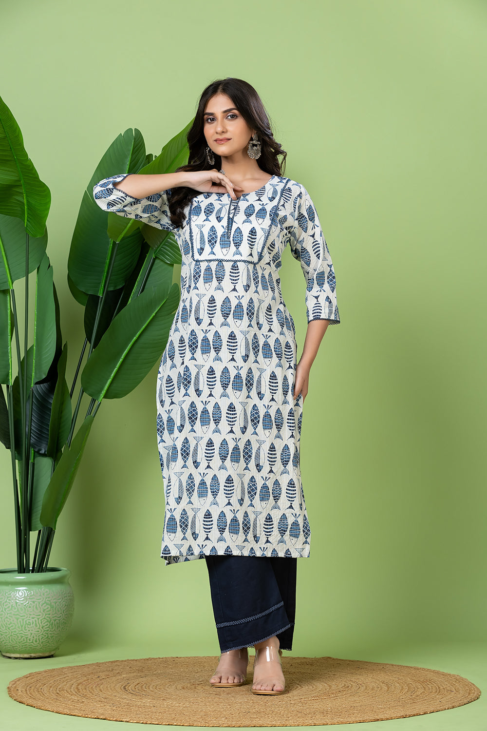 White & Blue Fish Print Threadwork Kurta