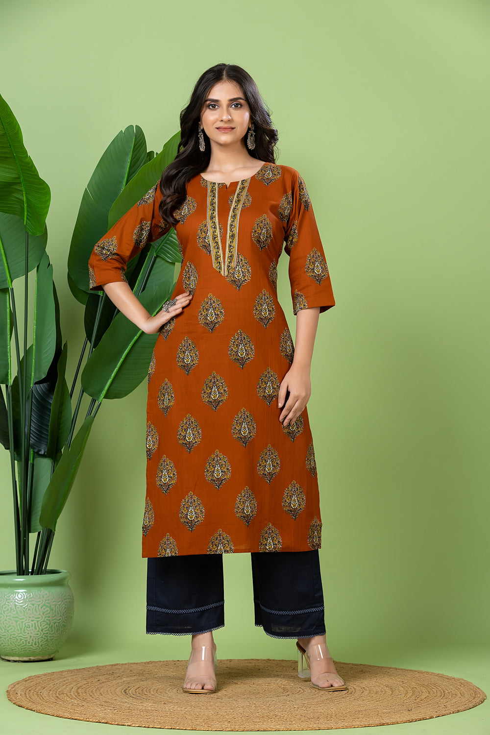 Burnt Orange Floral Print Kurta