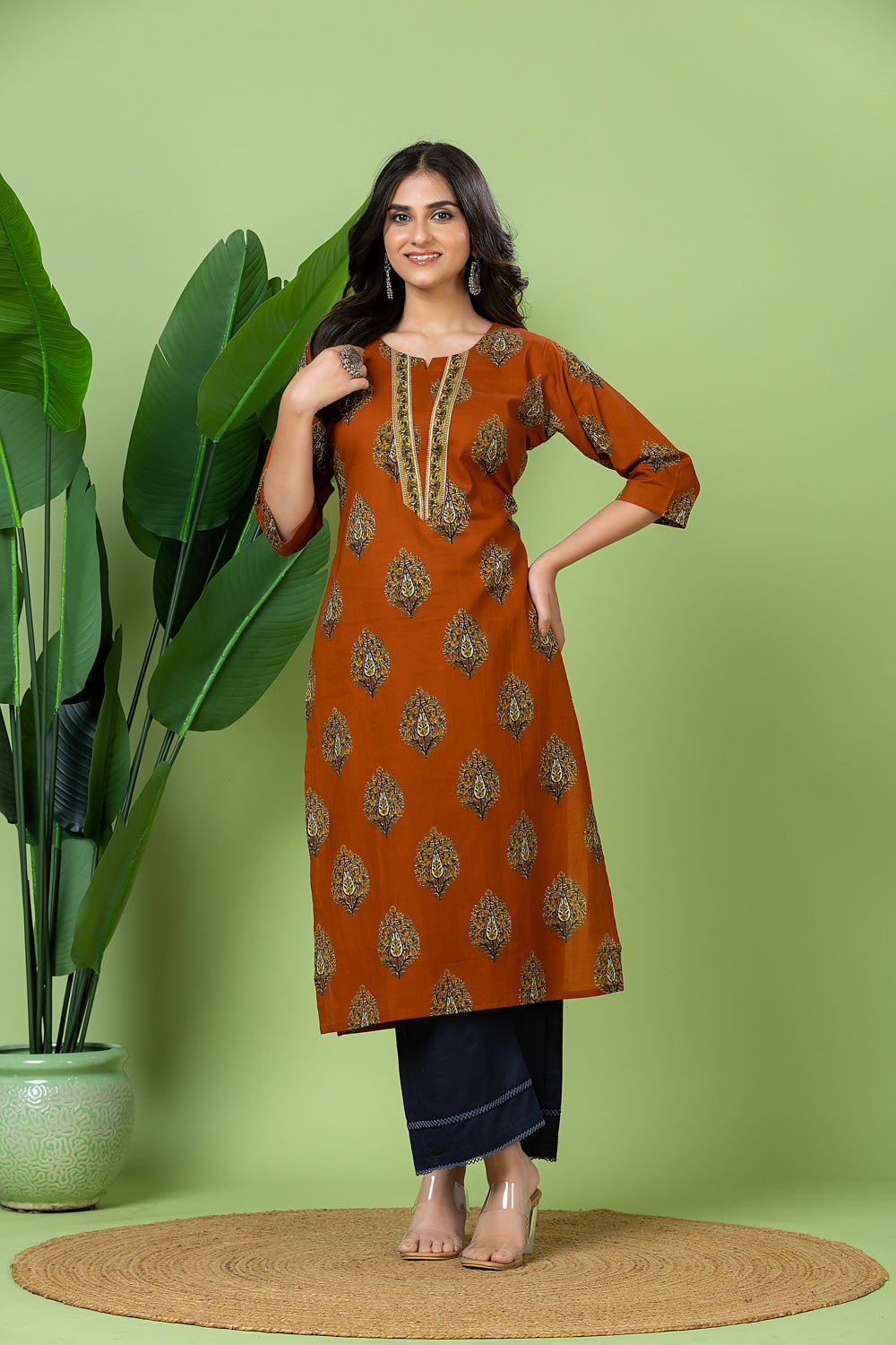 Burnt Orange Floral Print Kurta