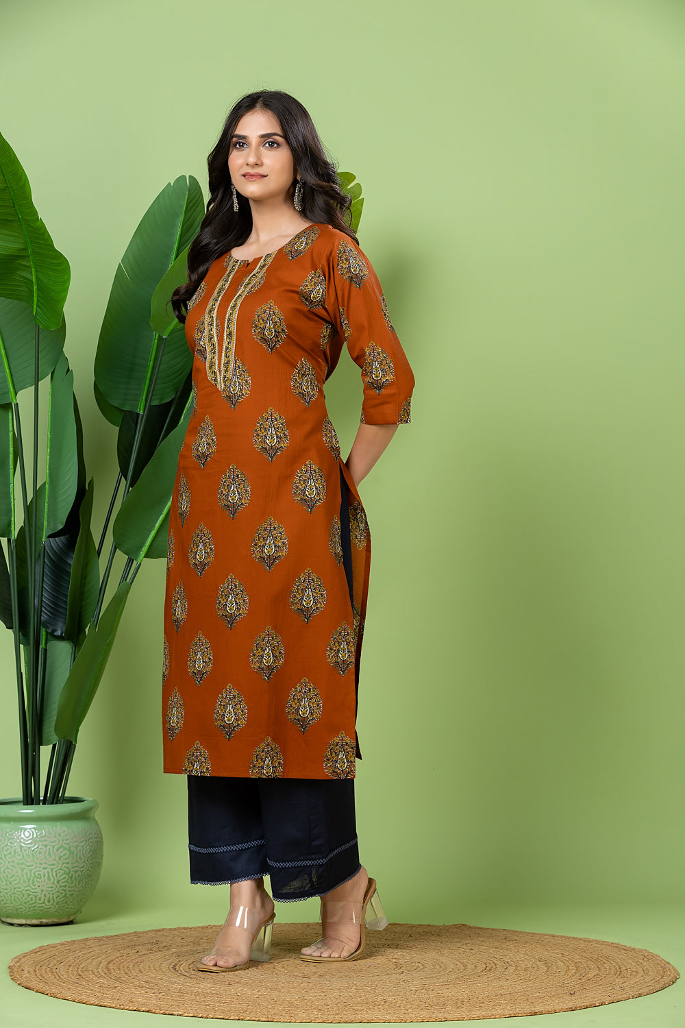 Burnt Orange Floral Print Kurta