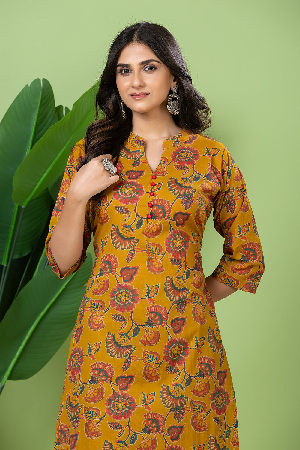 Mustard Yellow & Pink Floral Print Kurta