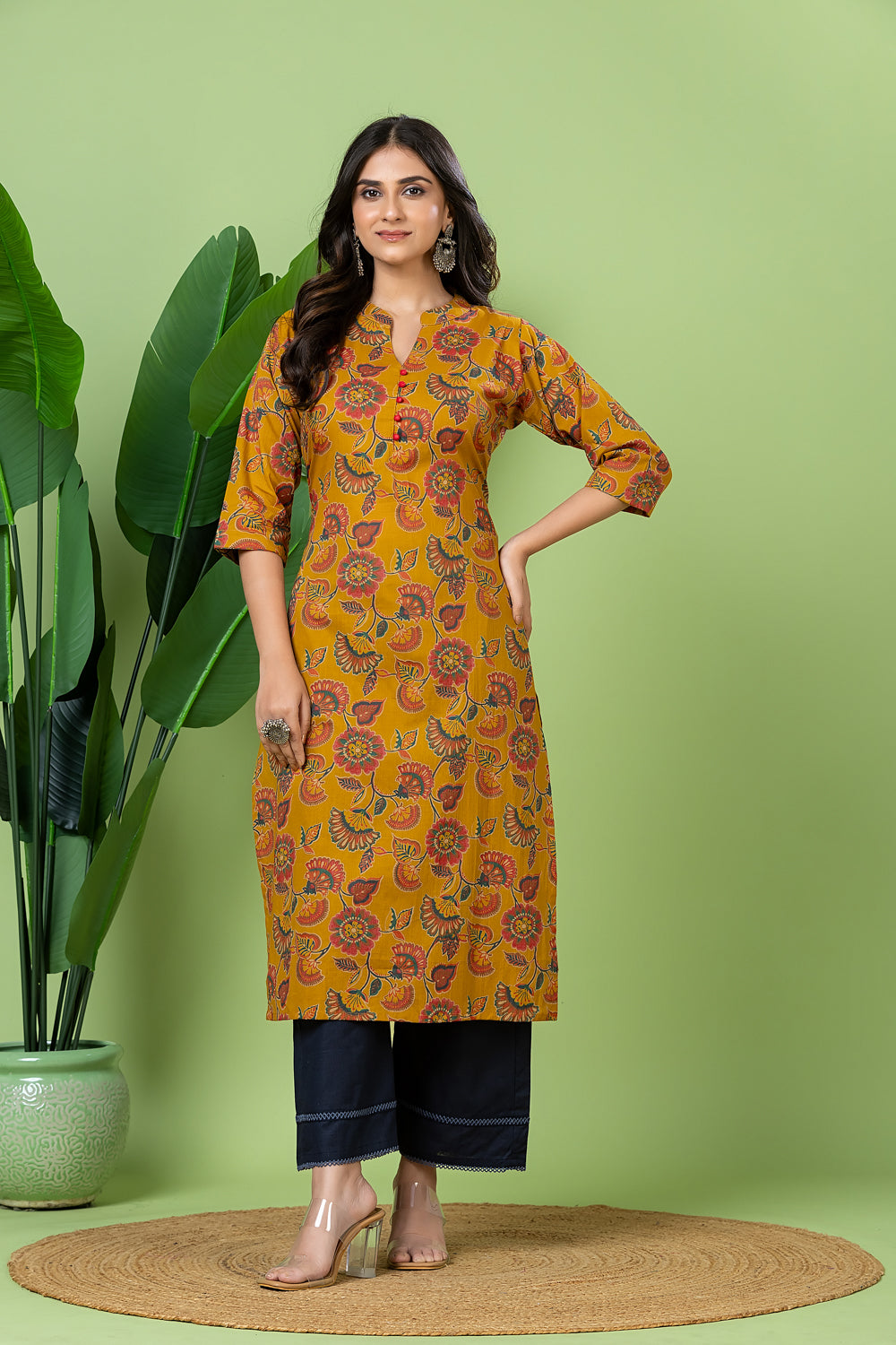 Mustard Yellow & Pink Floral Print Kurta