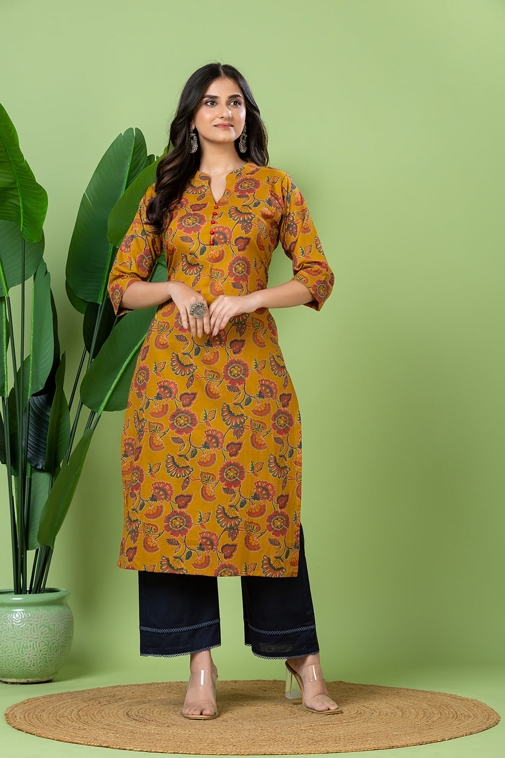 Mustard Yellow & Pink Floral Print Kurta
