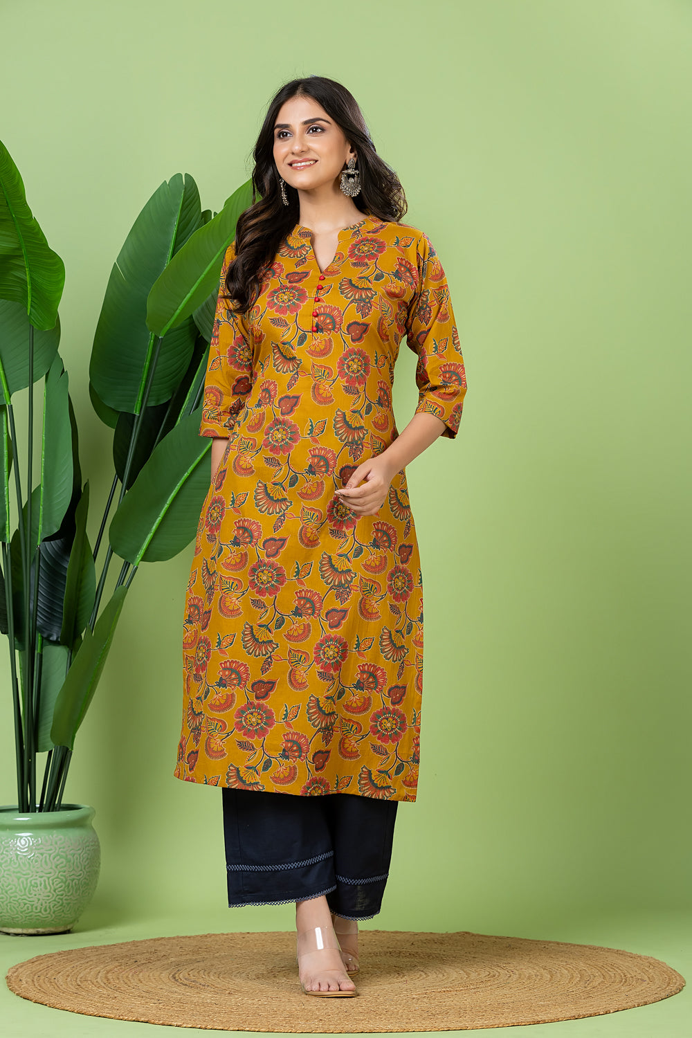 Mustard Yellow & Pink Floral Print Kurta