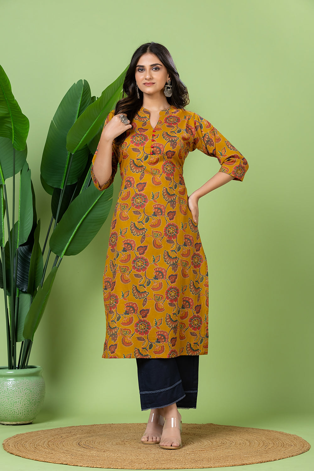Mustard Yellow & Pink Floral Print Kurta