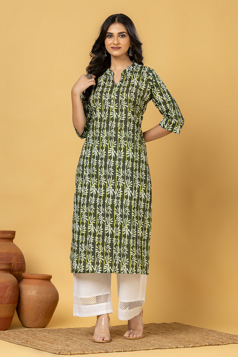 Green Leaf Print Kurta