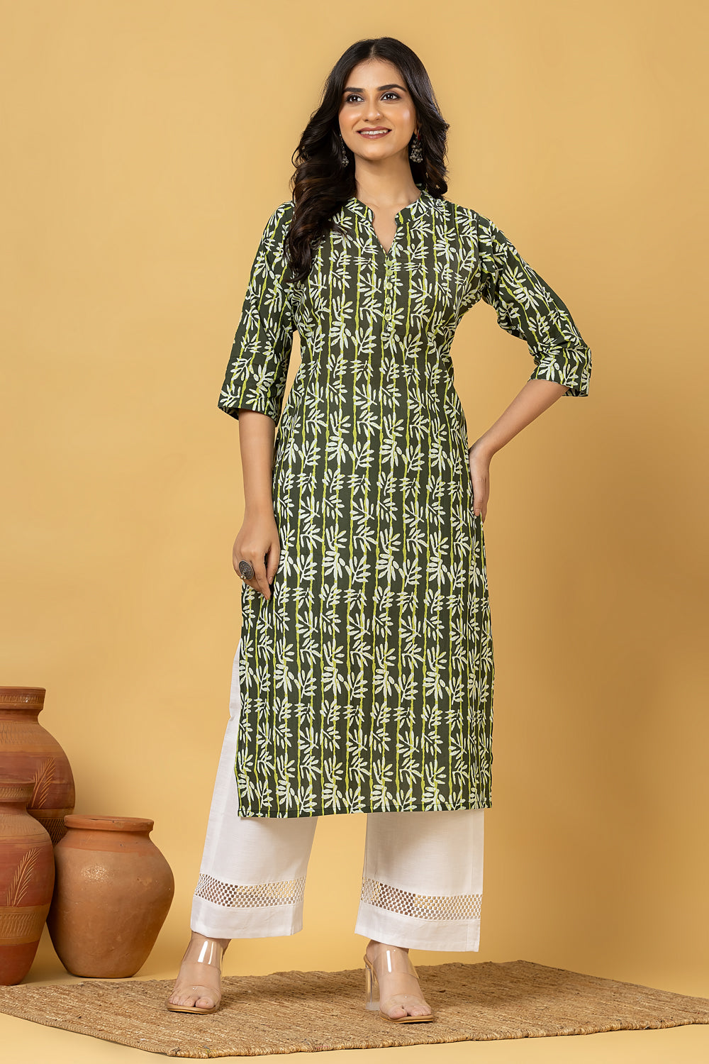 Green Leaf Print Kurta