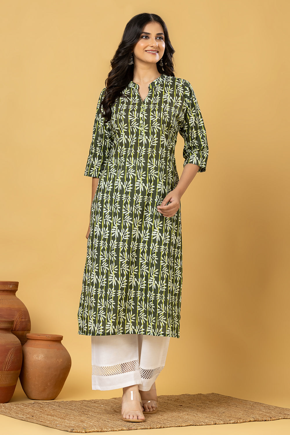 Green Leaf Print Kurta