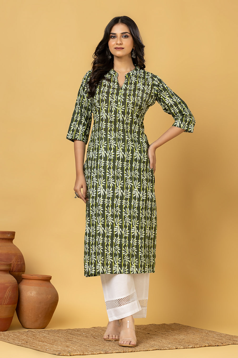 Green Leaf Print Kurta
