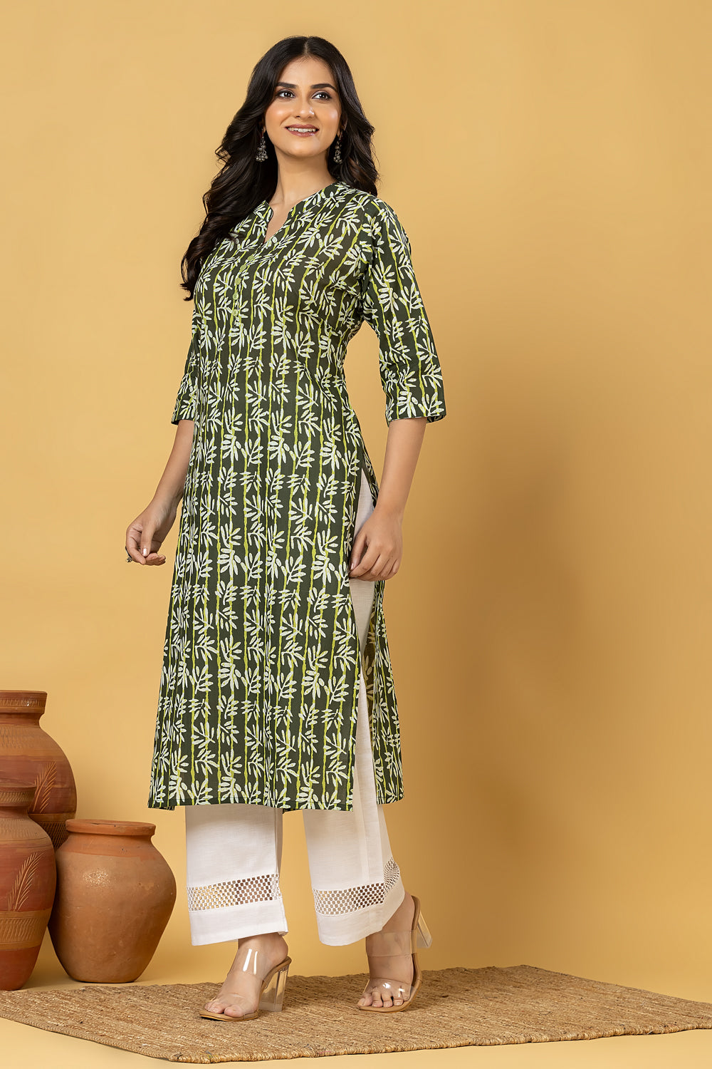 Green Leaf Print Kurta