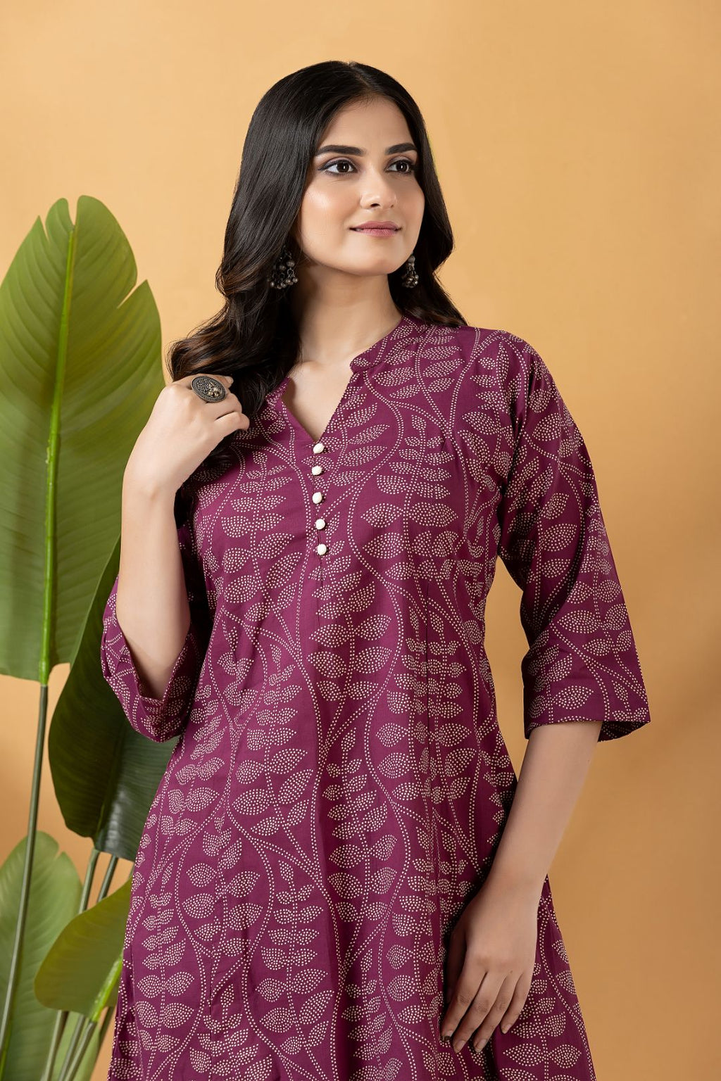 Purple Leaf Print A-Line Kurta