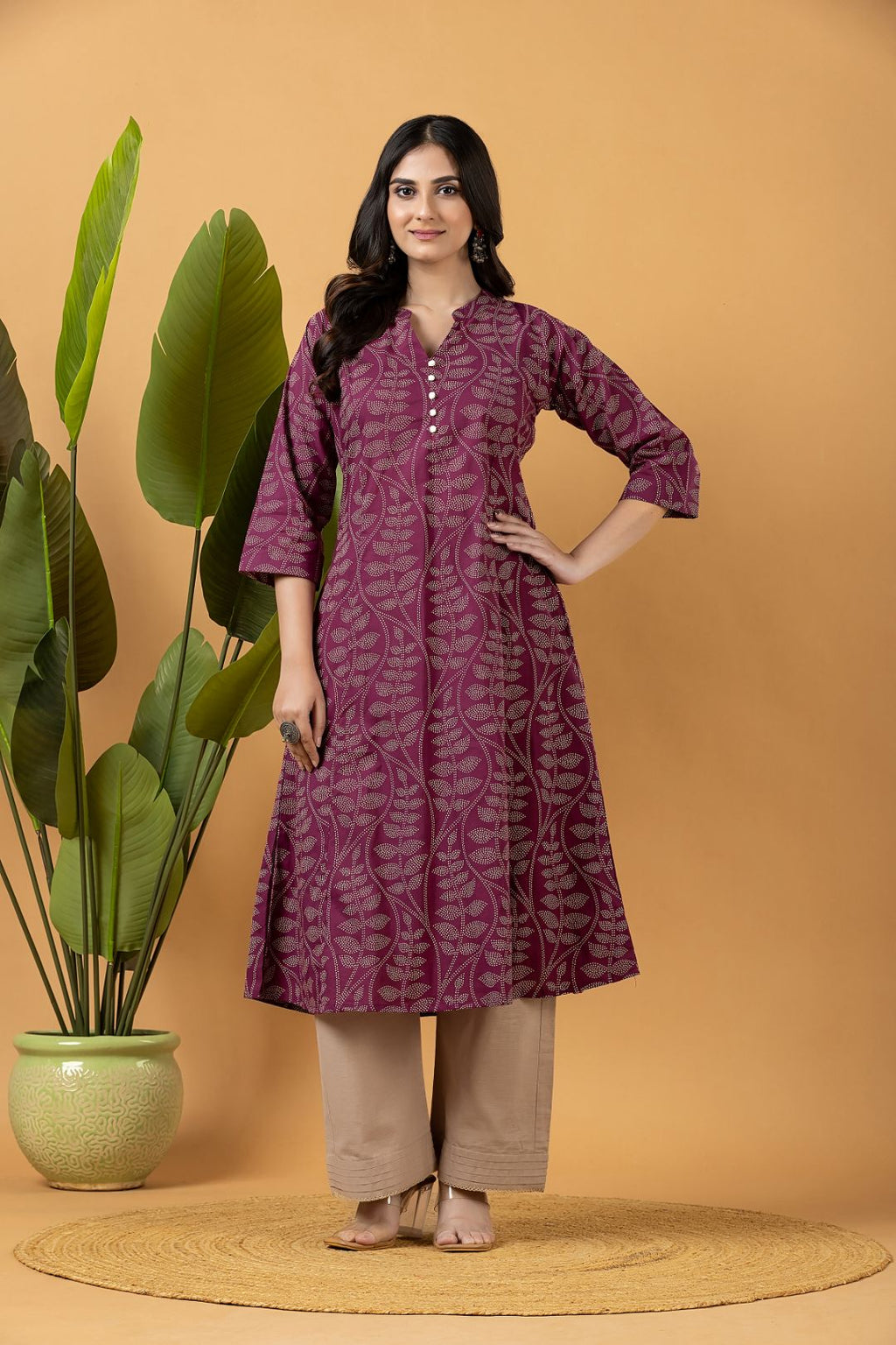 Purple Leaf Print A-Line Kurta