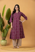Purple Leaf Print A-Line Kurta