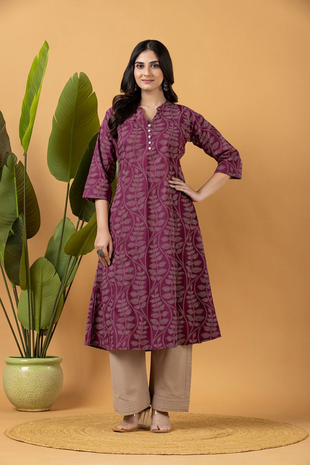 Purple Leaf Print A-Line Kurta