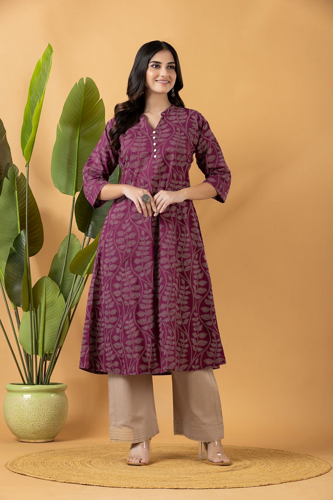 Purple Leaf Print A-Line Kurta
