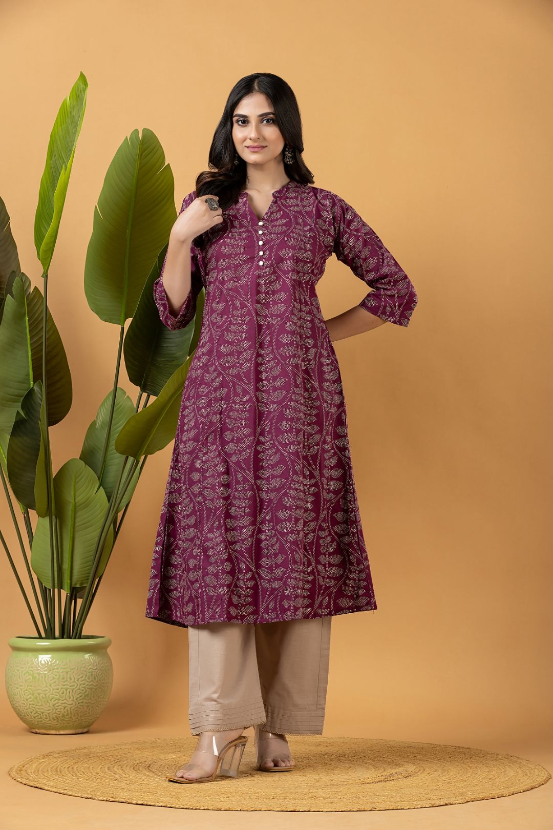 Purple Leaf Print A-Line Kurta