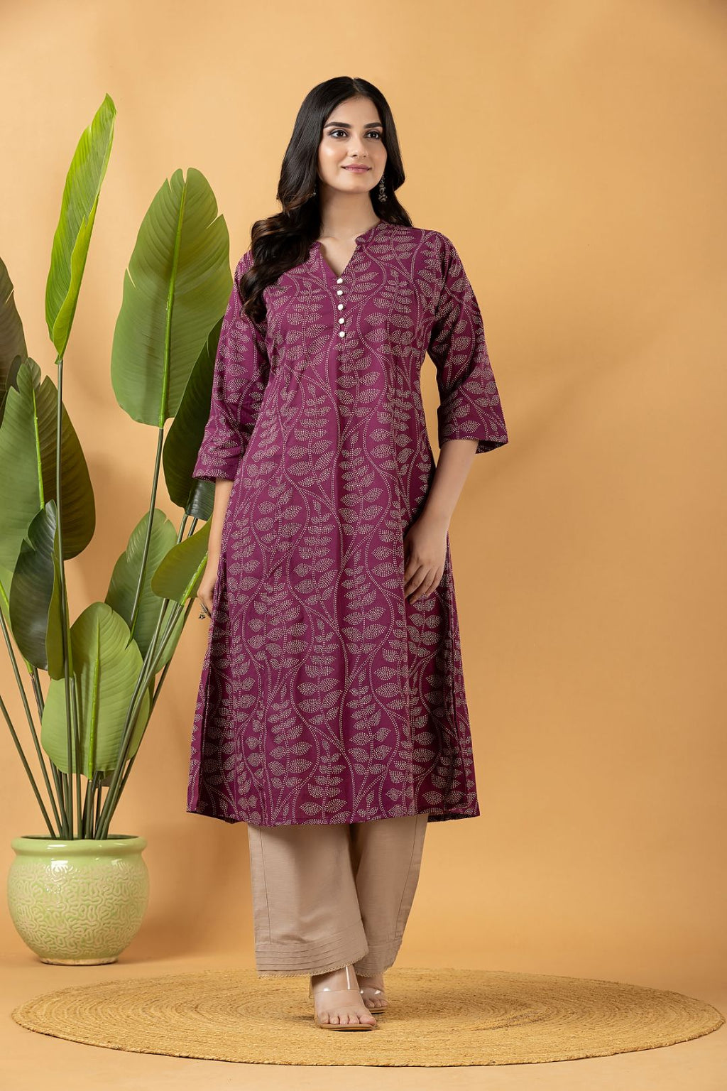 Purple Leaf Print A-Line Kurta