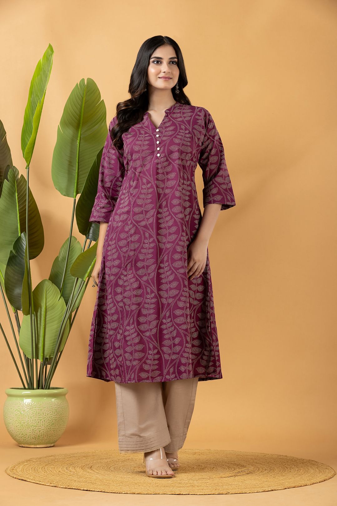 Purple Leaf Print A-Line Kurta