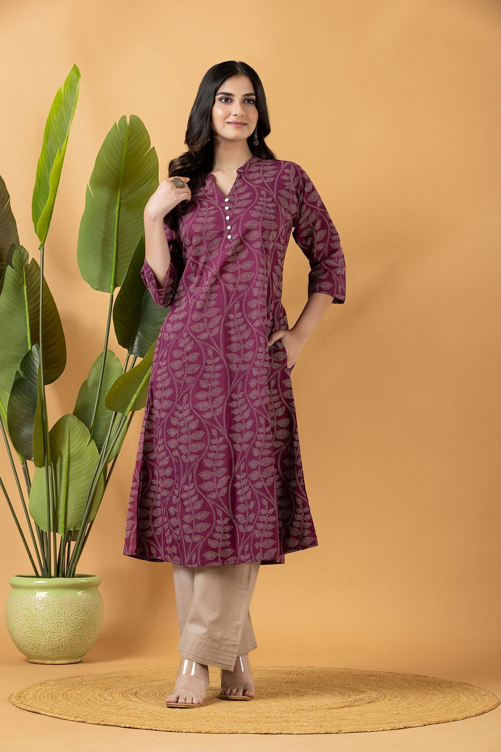 Purple Leaf Print A-Line Kurta