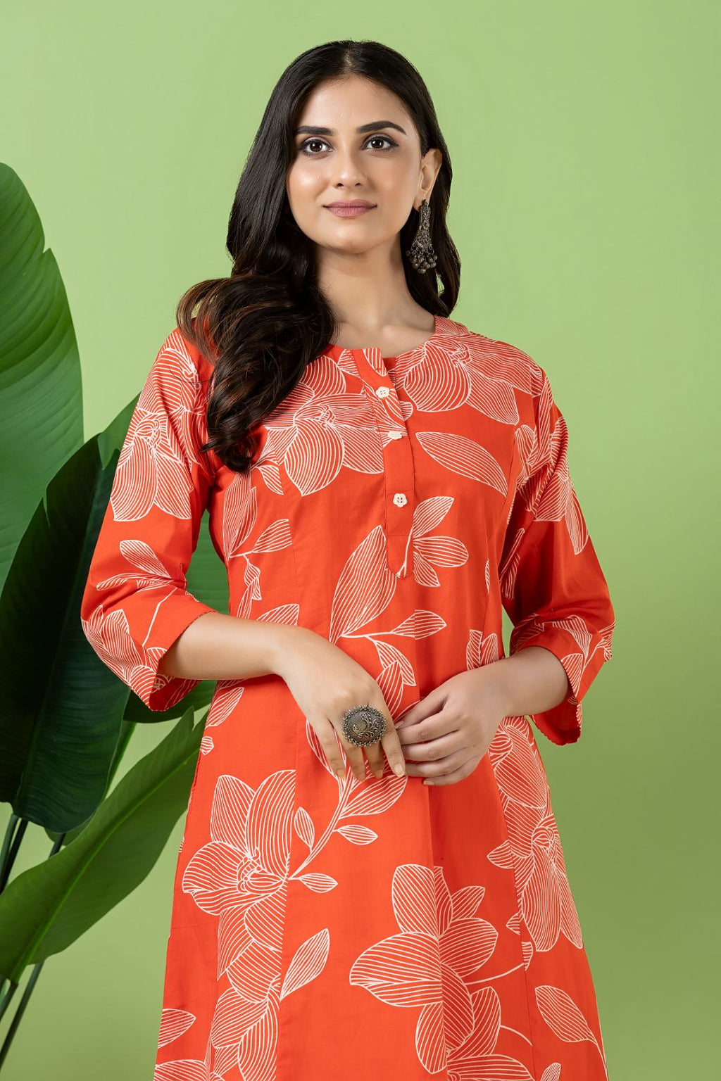Orange Floral Print A-Line Kurta