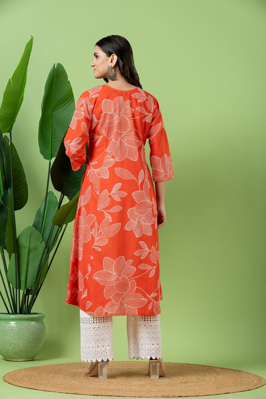 Orange Floral Print A-Line Kurta