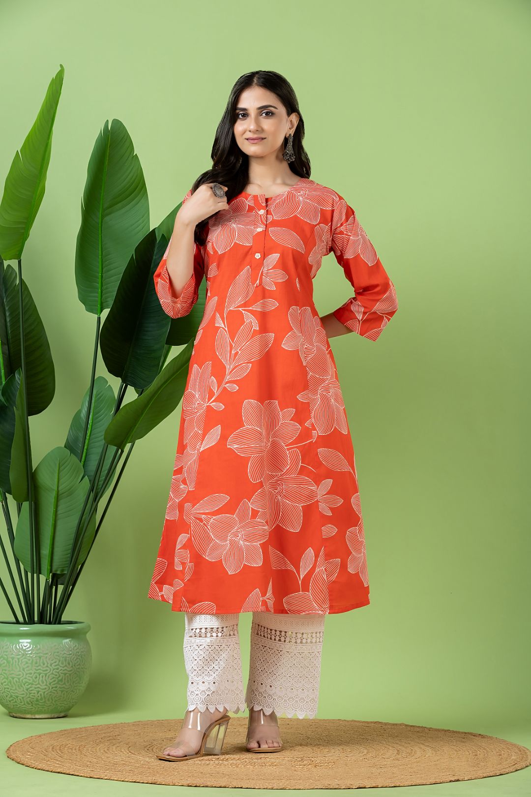 Orange Floral Print A-Line Kurta